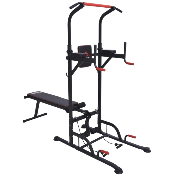HOMCOM Estação de Musculação Multifuncional Torre de Treinamento com Altura Ajustável com Banco Dobrável Barra de Elevação para Fitness 220x98x181-229cm Preto