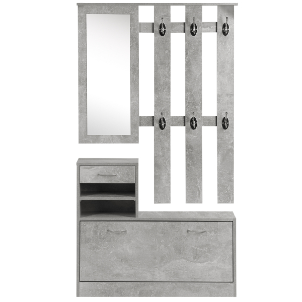HOMCOM Móvel Cabide de Entrada de 3 Peças Armário de Entrada com Cabide Espelho Sapateira e Gaveta 90x10x102 cm Cinza