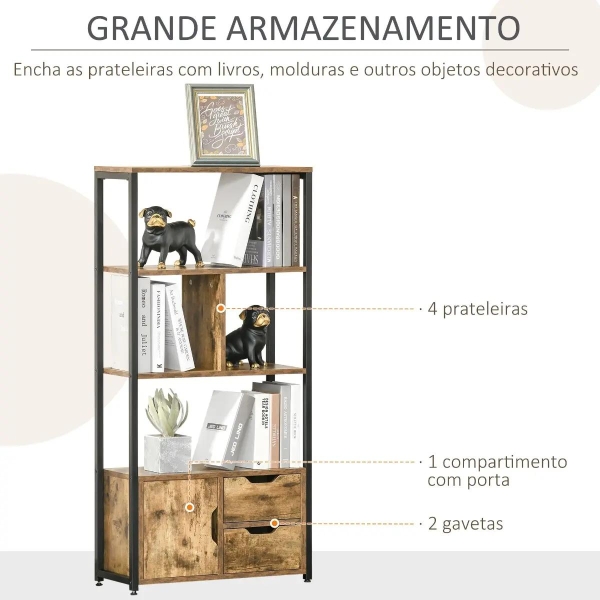 HOMCOM Estante para Livros com Armário e 2 Gavetas de Armazenamento Estante Estilo Industrial para Escritório Sala de Estar 58x24x122cm Marrom Rústico - Image 4