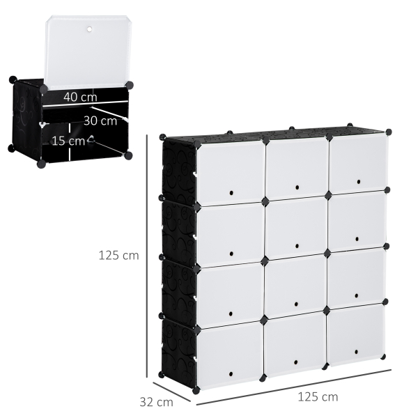HOMCOM Armário Modular de Plástico Armário com 12 Cubos Organizadores de Sapatos Roupas Brinquedos 125x32x125cm Branco e Preto - Image 3