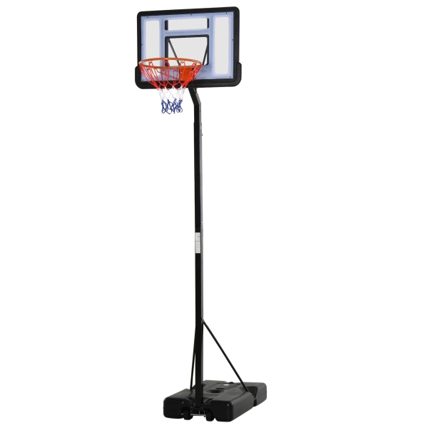 HOMCOM Tabela de Basquetebol Portátil Ajustável em Altura com Base Recarregável para Crianças e Adultos 86x165x302-352 cm Preto