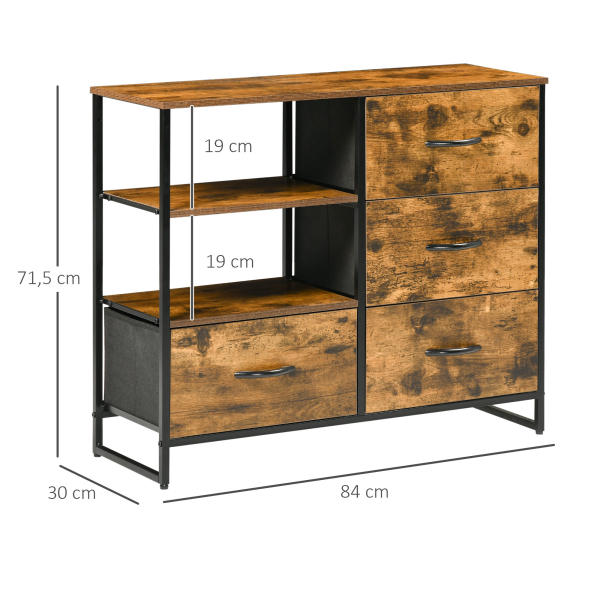 HOMCOM Cómoda com 4 Gavetas de Tecido Dobrável e 2 Prateleiras Abertas Estilo Industrial 84x30x71,4cm Marrom Rústico - Image 3