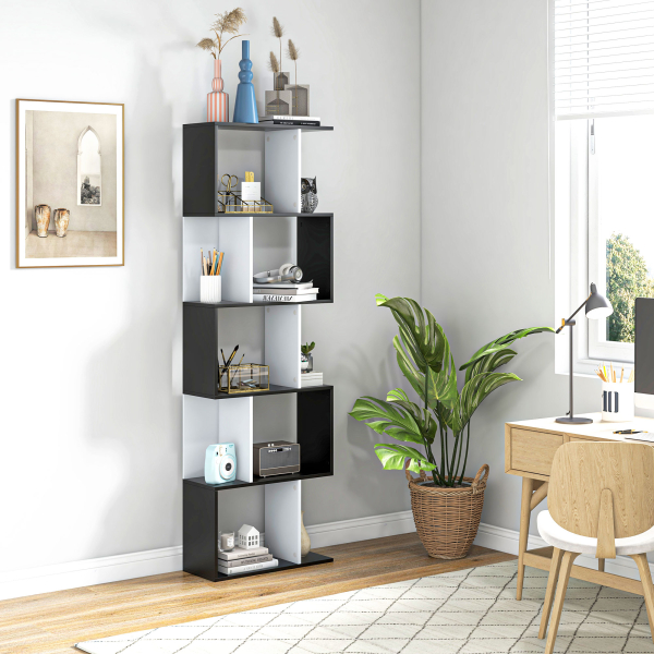 HOMCOM Estante para Livros Estante Alta de Parede com 5 Níveis em Forma de S Desenho Moderno 60x24x184,5 cm Branco e Preto - Image 2