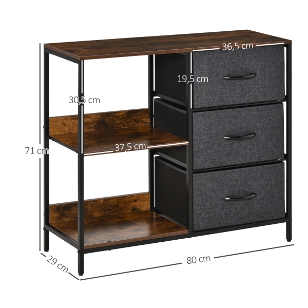 HOMCOM Cómoda de Estilo Industrial com Cestos de Tela Dobráveis e 2 Prateleiras para Dormitório Sala de Estar Corredor 80x29x71cm Marrom Rústico e Cinza Escuro - Image 3
