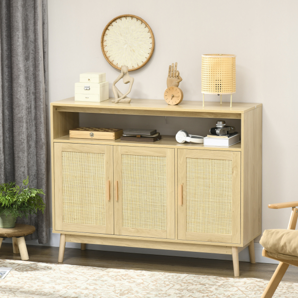 HOMCOM Aparador Sala de Estar de Estilo Cannage com 3 Portas de Vime Prateleiras Ajustáveis e Pés de Madeira 120x40x97 cm Madeira - Image 2