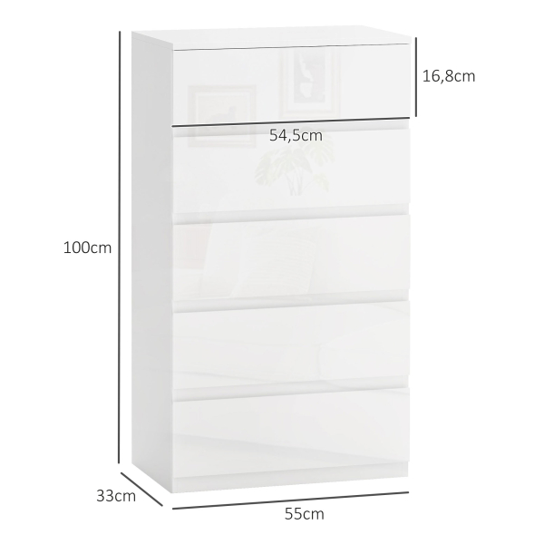 HOMCOM Cómoda com 5 Gavetas de Madeira Cómoda de Dormitório Cómoda Branca Estilo Moderno 55x33x80 cm Branco Brilhante - Image 3