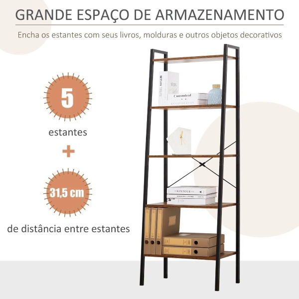 HOMCOM Estante de Estilo Industrial em Forma de Escada com 5 Prateleiras com Estrutura de Metal para Sala de Estar Dormitório Cozinha Escritório 56x34x160cm Marrom Rústico - Image 4