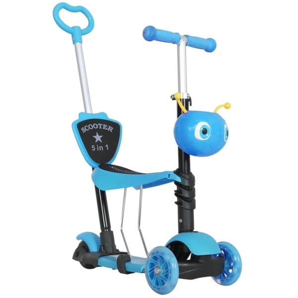 HOMCOM trotinete 5 em 1 para crianças de acima de1 ano trotinete de 3 rodas com assento removível guiador ajustável 62x25x72,5 cm Azul