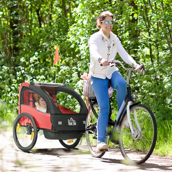 HOMCOM Reboque de Bicicleta para Crianças acima de 18 Meses Reboque de Bicicleta com 2 Lugares com Cinto de Segurança Espaço de Armazenamento e Sistema de Amortecimento 140x88x90 cm Vermelho - Image 2