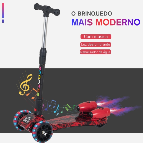HOMCOM trotinete dobrável para crianças acima de 3 anos com altura ajustável em 4 níveis luzes musica e Nevoeiro de água 61x26x63-81 cm Vermelho - Image 4