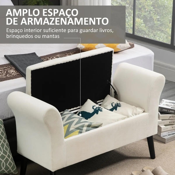 HOMCOM Banco para Pé de Cama Estofado em Veludo Banco de Armazenamento Acolchoado com Tampa Apoio para os Braços Pés de Madeira para Dormitório Sala de Estar 111,5x41x65cm Branco Creme - Image 4