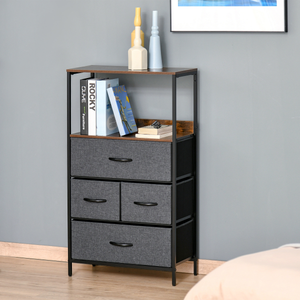 HOMCOM Cómoda com 4 Gavetas Dobráveis e Prateleira Aberta Cómoda com Gavetas de Tecido Anti-Tombo 58x29x103cm Marrom e Cinza - Image 2