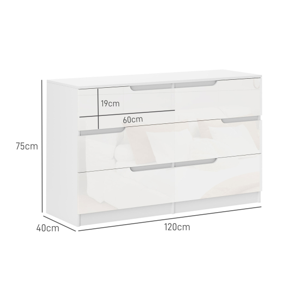 HOMCOM Cómoda com 6 Gavetas Cómoda de Dormitório Moderna com Sistema Anti-Tombo 120x40x75 cm Branco - Image 3