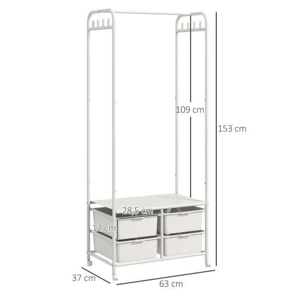 HOMCOM Charriot Moderno 8 Ganchos e 4 Cestos para Armazenamento Charriot com Rodas e Estrutura de Aço 63x37x153 cm Branco - Image 3