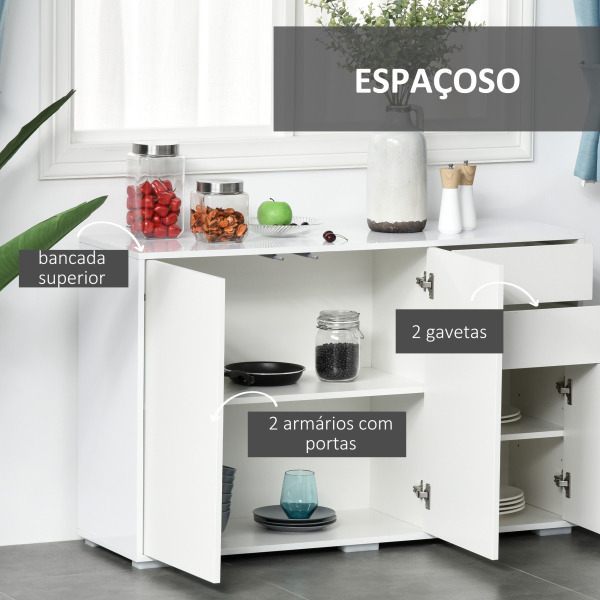 HOMCOM Aparador de Sala de Estar com 3 Portas 2 Gavetas e Prateleira Interior Ajustável Móvel Auxiliar de Armazenamento para Cozinha Dormitório Anti-Rolamento 117x36x74cm Branco - Image 4
