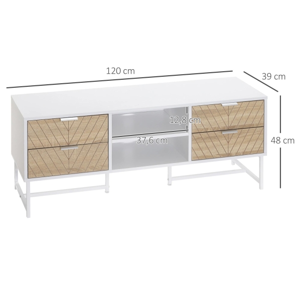 HOMCOM Móvel de TV de até 47 Polegadas Móvel de Sala de Estar Moderno com 4 Gavetas 2 Prateleiras Abertas e Orifício Passa Cabos 120x39x48cm Branco e Carvalho - Image 3