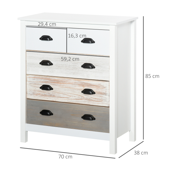 HOMCOM Cómoda com 5 Gavetas Cómoda para Dormitório Moderna com Desenho Anti-Tombo 70x38x85 cm Branco - Image 3