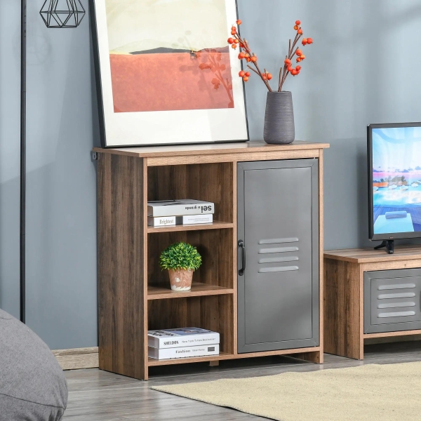HOMCOM Aparador com Porta de Metal Móvel Auxiliar com 3 Prateleiras Abertas e Armário com Porta e Prateleira Ajustável 80x35x82cm Madeira Natural - Image 2