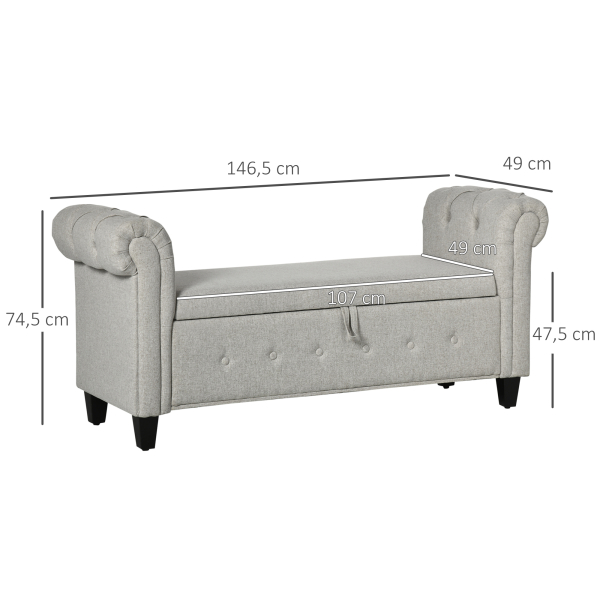 HOMCOM Banco de Pé de Cama de Linho com Dobradiças na Tampa Pés de Madeira e Apoio para os Braços 146,5x49x74,5cm Cinza Claro - Image 3