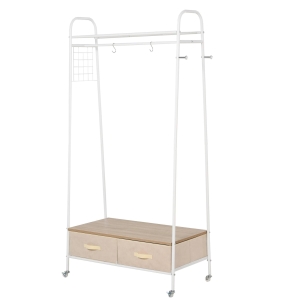 HOMCOM Suporte para Cabides de Metálico Cabideiro com Rodas Prateleira e 2 Gavetas para Organizar Roupas Bolsos 99x47x185cm Branco