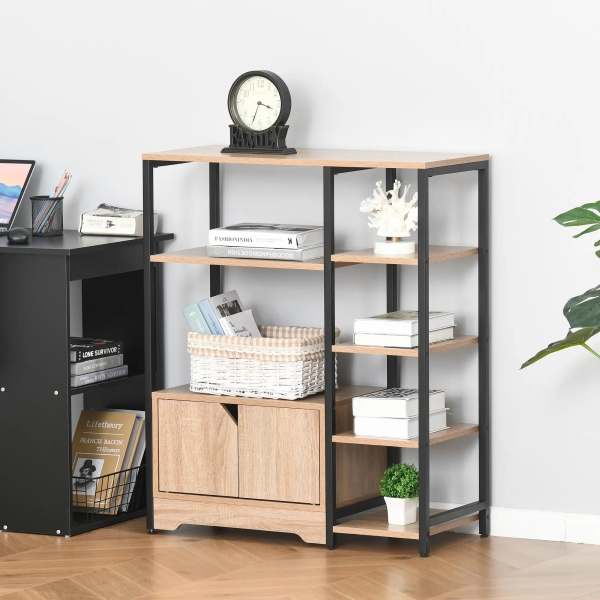 HOMCOM Estante para Livros com Múltiplas Prateleiras Abertas e 1 Armário com Porta Dupla Estante de Armazenamento para Escritório Sala de Estar 80x35x97cm Madeira Natural - Image 2