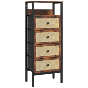 HOMCOM Cómoda de Tecido Cómoda para Dormitório com 4 Gavetas com Frente em Vime Prateleira 50x30x126 cm Marrom Rústico