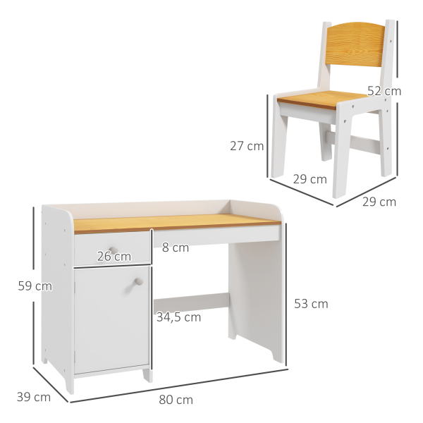 ZONEKIZ Conjunto de Secretária e Cadeira para Crianças Conjunto Infantil de 2 Peças com Gaveta e Armário para Quarto Branco e Natural - Image 3