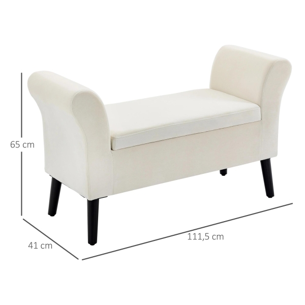 HOMCOM Banco para Pé de Cama Estofado em Veludo Banco de Armazenamento Acolchoado com Tampa Apoio para os Braços Pés de Madeira para Dormitório Sala de Estar 111,5x41x65cm Branco Creme - Image 3