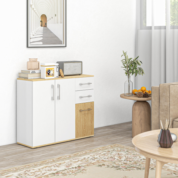 HOMCOM Aparador Sala de Estar Moderno com 2 Gavetas 2 Armários e Prateleiras Ajustáveis 90x30x75,5 cm Branco e Madeira - Image 2