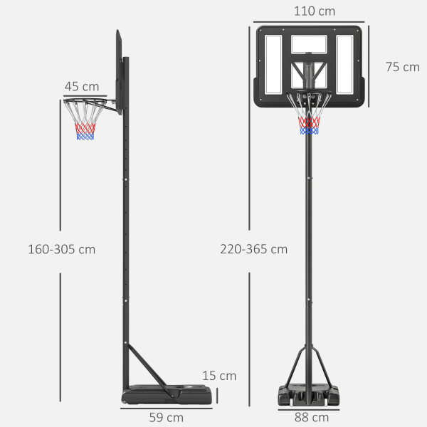 HOMCOM Cesta de Basquetebol com Altura Ajustável 220-365 cm Aro de Basquetebol com Suporte Rodas Base Recarregável Preto - Image 3