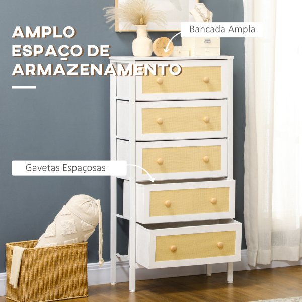 HOMCOM Cómoda Estilo Bohemio com 5 Gavetas de Tecido Dobráveis Superfície de Vime PE e Estrutura de Aço 62x30x126,5 cm Branco - Image 4