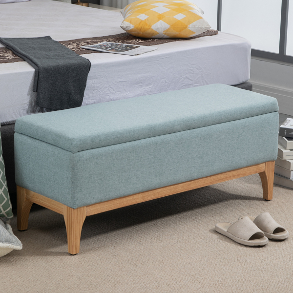 HOMCOM Banco Pé de Cama com Arrumação 72L Estofado em Linho com Pés de Madeira e Almofadas Ajustáveis  110x39x45 cm Cinzento Azulado - Image 2