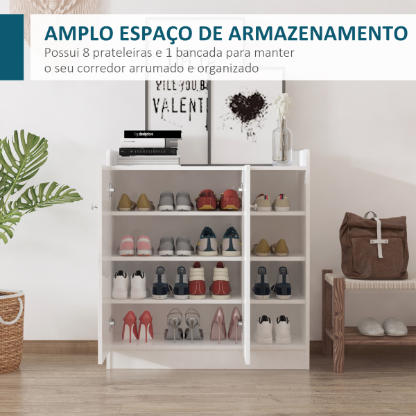 HOMCOM Sapateira Armário Multiuso com 2 Portas Prateleiras Interiores e 4 Prateleiras Exteriores com Altura Ajustável 83x30x90 cm Branco - Image 4