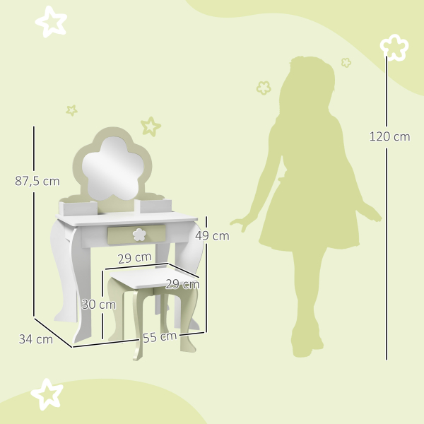 ZONEKIZ Toucador Crianças com Espelho e Banco Toucador de Maquilhagem para Crianças de 3-6 Anos 55x34x87,5 cm Branco e Verde Pastel - Image 3