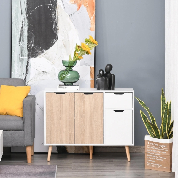 HOMCOM Aparador Móvel Auxiliar de Armazenamento com 2 Armários de Porta Gaveta Pés de Madeira para Sala de Estar Cozinha Dormitório 90x30x72cm Natural e Branco - Image 8