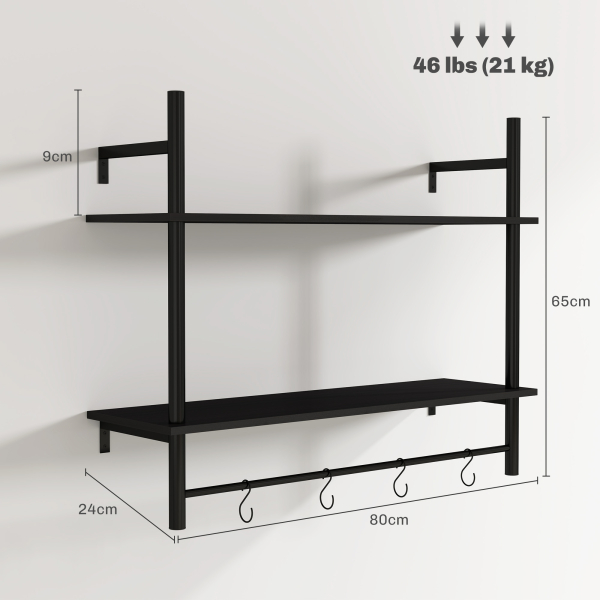 HOMCOM Estante de Parede de 2 Níveis Estante Suspensa com 4 Ganchos 2 Prateleiras e Estrutura de Metal 80x24x65 cm Preto - Image 3