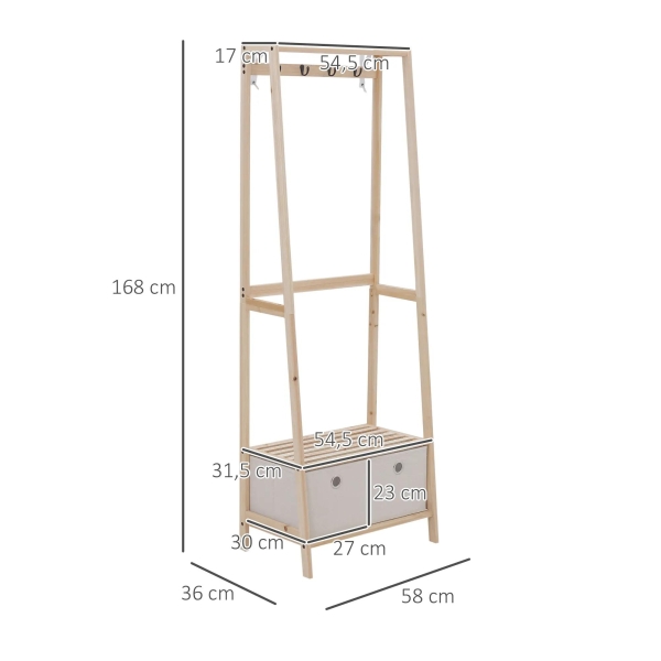 HOMCOM Suporte para Cabides de Madeira 2 Prateleiras Cabide com 2 Gavetas de Tecido 4 Ganchos e Barra para Pendurar 58x36x168cm Madeira - Image 3