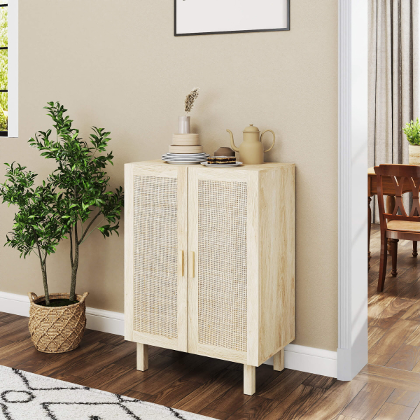 HOMCOM Aparador com 2 Portas de Rede e Prateleiras Ajustáveis Armário Estilo Cannage Anti-Tombo 73x41x102 cm Madeira - Image 2
