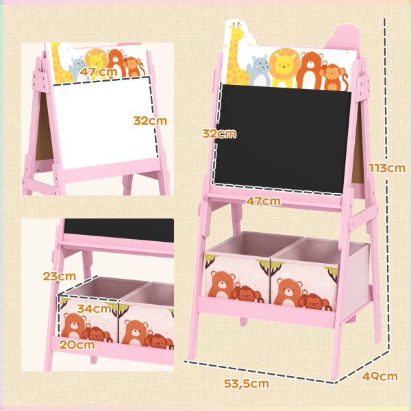 AIYAPLAY Cavalete para Crianças 2 em 1 Arsósia Infantil com Dupla Face 2 Caixas de Arrumação com Estampa em Animais 49x53,5x113 cm Rosa - Image 3