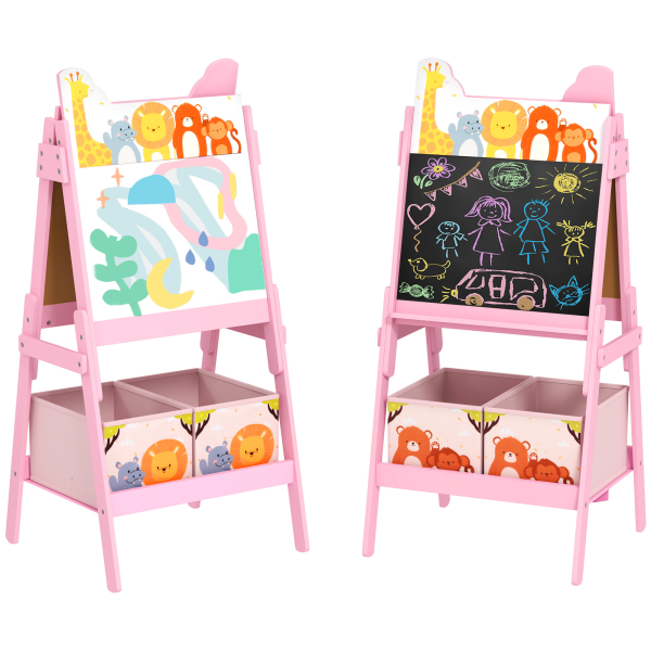 AIYAPLAY Cavalete para Crianças 2 em 1 Arsósia Infantil com Dupla Face 2 Caixas de Arrumação com Estampa em Animais 49x53,5x113 cm Rosa