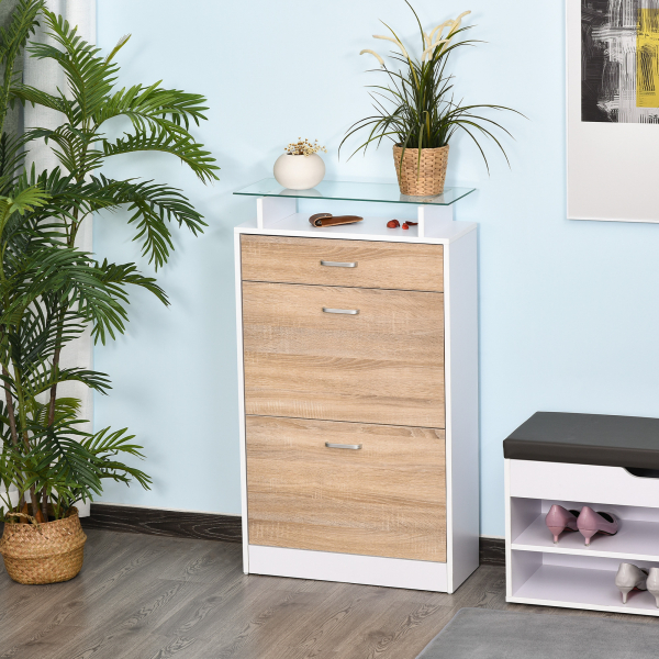 HOMCOM Sapateira de 2 Portas Sapateira Estreito para 12 Pares de Sapatos com Gaveta e Bancada de Vidro  60x24x105,5cm Branco - Image 2