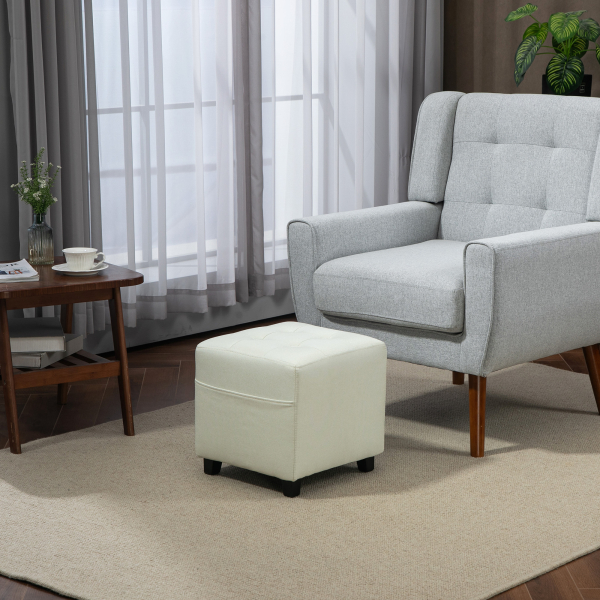 HOMCOM Apoio para os Pés Sala de Estar Banco Estofado em Linho com Bolso Lateral Tampa com Botões  35x35x35 cm Creme - Image 2