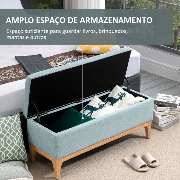 HOMCOM Banco Pé de Cama com Arrumação 72L Estofado em Linho com Pés de Madeira e Almofadas Ajustáveis  110x39x45 cm Cinzento Azulado - Image 4
