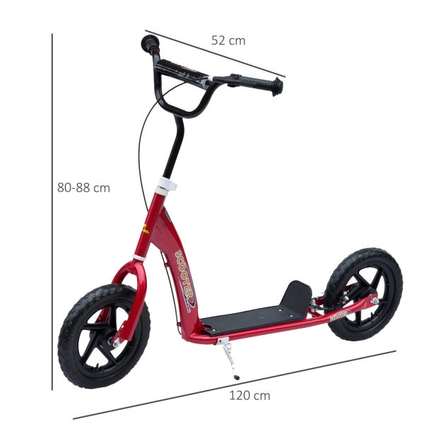 HOMCOM Trotinete para Crianças acima de 5 anos Scooter de 2 Rodas Grandes de 12 Polegadas com Freio e Guidão Ajustável em Altura Carga Máx. 100kg 120x52x80-88cm Vermelho - Image 3