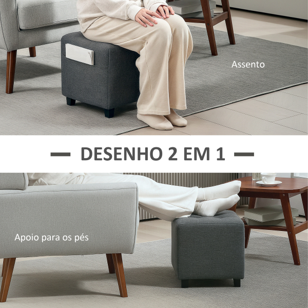 HOMCOM Apoio para os Pés Sala de Estar Banco Estofado em Linho com Bolso Lateral Tampa com Botões  35x35x35 cm Cinzento - Image 4