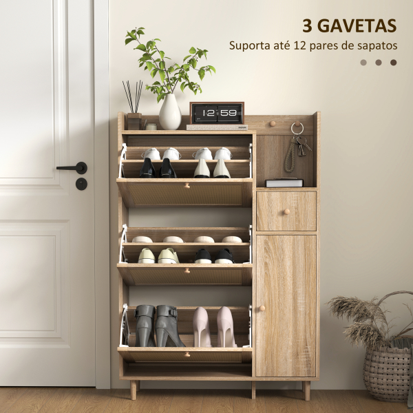 HOMCOM Móvel Sapateira com 3 Gavetas com Frente em Vime para 12 Pares de Sapatos Prateleiras Ajustáveis 80x23x120 cm Carvalho - Image 4