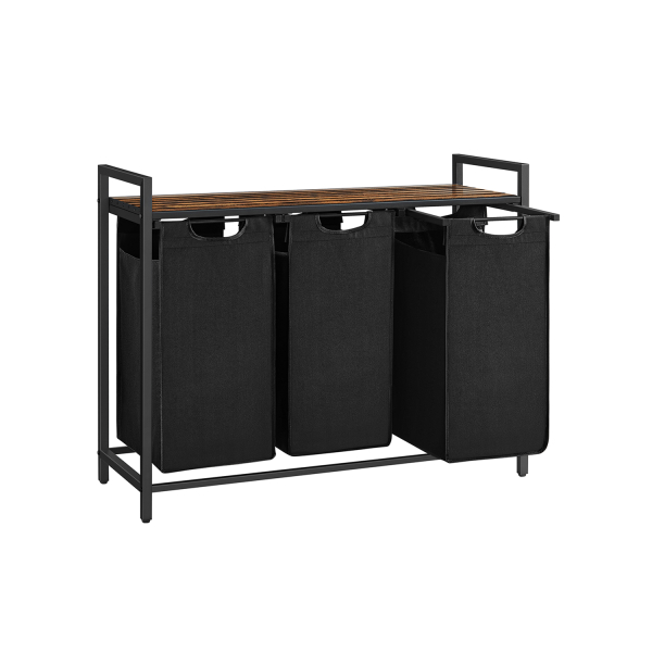 Cesto roupa, 3 sacos removíveis (38 L cada) + prateleira, castanho rústico/preto