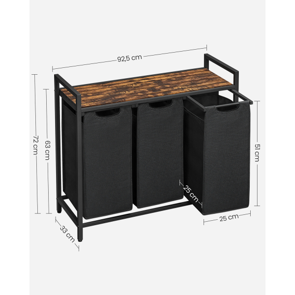 Cesto roupa, 3 sacos removíveis (38 L cada) + prateleira, castanho rústico/preto - Image 7