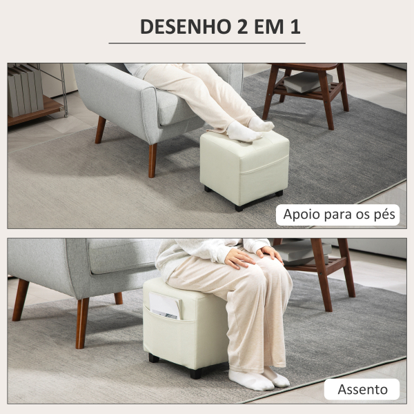 HOMCOM Apoio para os Pés Sala de Estar Banco Estofado em Linho com Bolso Lateral Tampa com Botões  35x35x35 cm Creme - Image 4