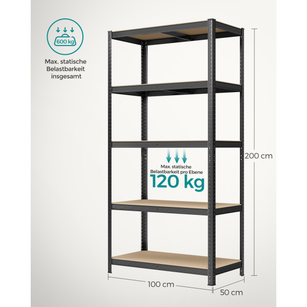 Estante 5 níveis, aço, montagem sem ferramentas, ~600 kg, 50 x 100 x 200 cm, cor preta - Image 7